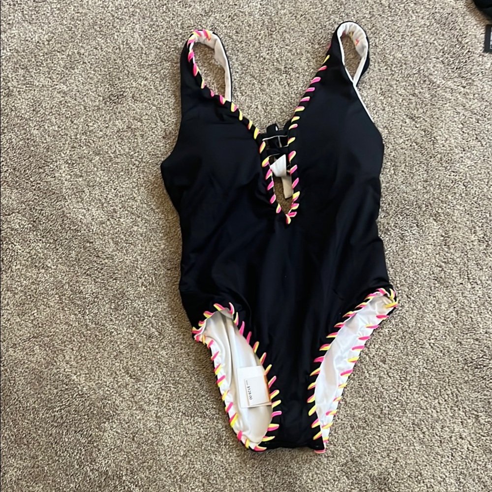 BECCA Black and White Reversible One Piece Swimsuit with Scalloped Trim